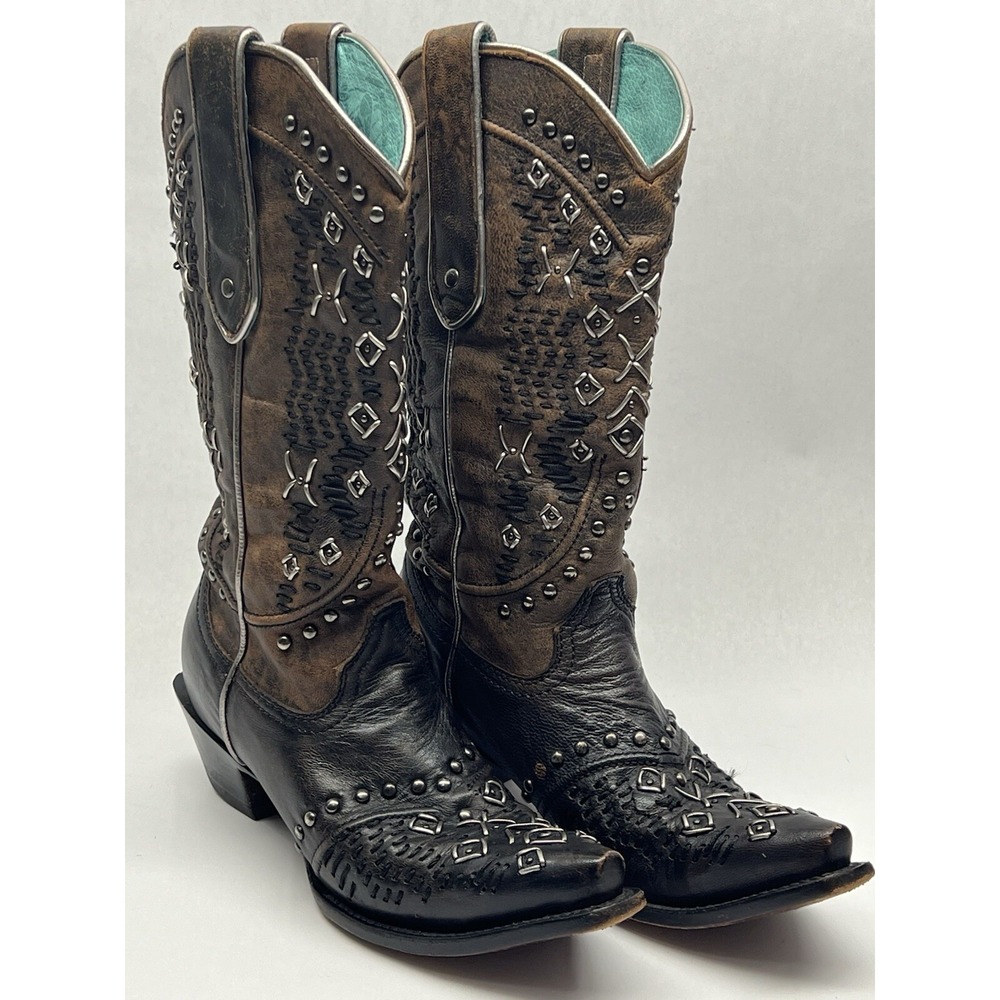 CORRAL VINTAGE STUDDED BOOTS SNIP TOE  7.5 M BROWN LEATHER SOLES WESTERN MEXICO